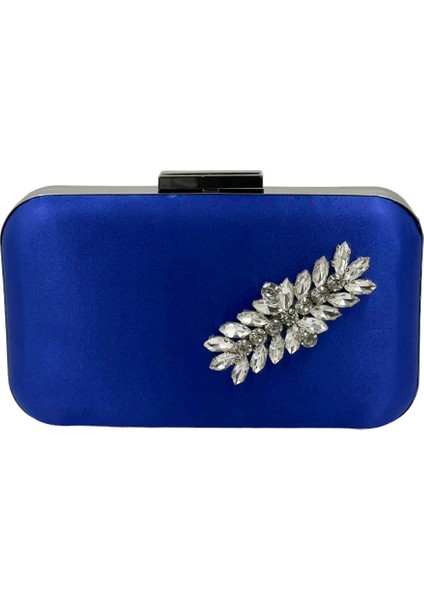 Saks Mavisi Renk Saten Gümüş Kasalı Gümüş Taşlı Abiye Çanta Gece Çantası Düğün Nişan Portföy