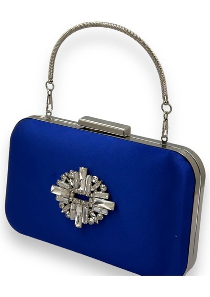 Saks Renk Saten Gümüş Kasalı Gümüş Taşlı Kulplu Saplı Abiye Gece Çantası Düğün Portföy