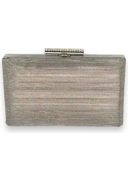 Platin Renk Ithal Lazer Desenli Çizgili Abiye Gece Çantası Nişan Düğün Davet Balo