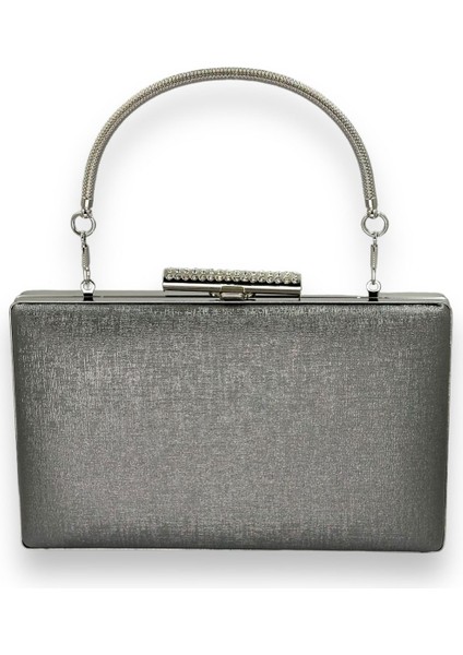 Antrasit Gri Platin Çizilmez Mat Deri Demir Saplı Metal Kasalı Abiye Çanta Nişan Düğün