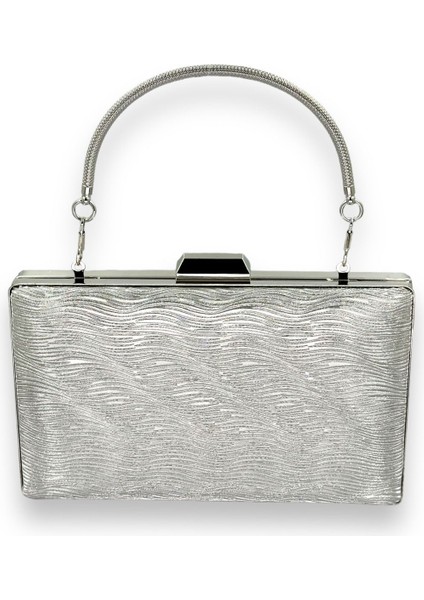 Gümüş Gri Renk Lazer Su Yolu Desenli Abiye Çanta Gece Çantası Düğün Nişan Kına Çantası