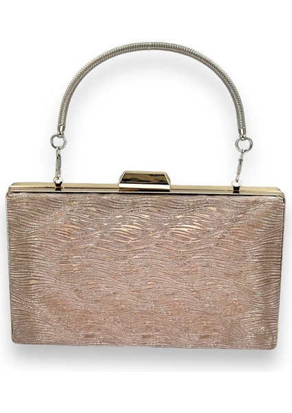 Rose Gold Renk Lazer Su Yolu Desenli Abiye Çanta Gece Çantası Düğün Nişan Kına Çantası