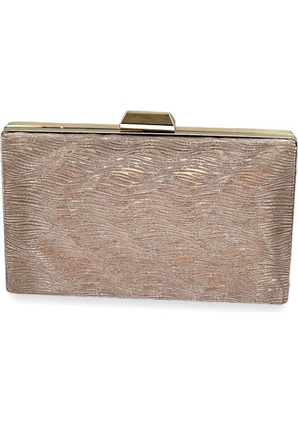 Rose Gold Renk Lazer Su Yolu Desenli Abiye Çanta Gece Çantası Düğün Nişan Kına Çantası