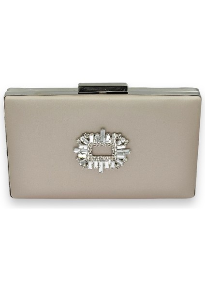 Ten Nude Rengi Çizilmeyen Saten Gümüş Taşlı Abiye Çanta Düğün Nişan Çantası