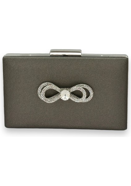 Antrasit Gri Platin Renk Çizilmeyen Saten Gümüş Taşlı Abiye Çanta Düğün Nişan Çantası