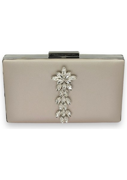 Ten Nude Rengi Çizilmeyen Saten Gümüş Taşlı Abiye Çanta Düğün Nişan Çantası