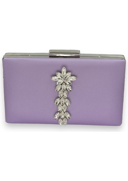 Lila Renk Çizilmeyen Saten Gümüş Taşlı Abiye Çanta Düğün Nişan Çantası