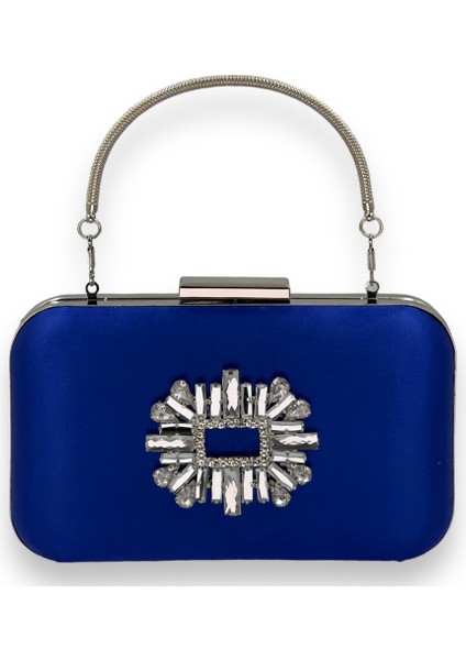 Saks Renk Saten Gümüş Kasalı Gümüş Taşlı Kulplu Saplı Abiye Gece Çantası Düğün Portföy