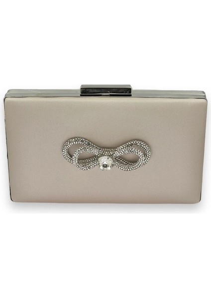 Ten Nude Rengi Çizilmeyen Saten Gümüş Taşlı Abiye Çanta Düğün Nişan Çantası