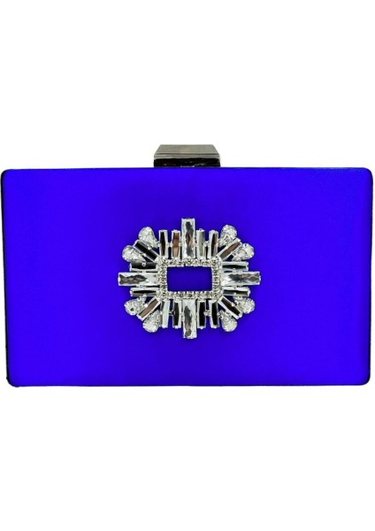 Saks Mavisi Renk Saten Gümüş Kasalı Gümüş Taşlı Abiye Çanta Gece Çantası Düğün Nişan Portföy