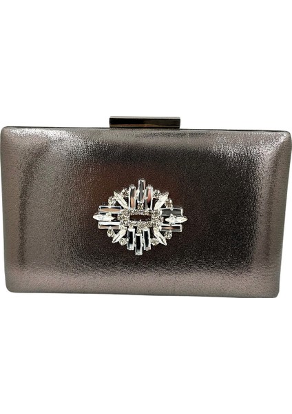 Antrasit Gri Platin Renk Gümüş Kasalı Gümüş Taşlı Abiye Çanta Gece Çantası Düğün Nişan Portföy