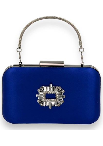Saks Renk Saten Gümüş Kasalı Gümüş Taşlı Kulplu Saplı Abiye Gece Çantası Düğün Portföy