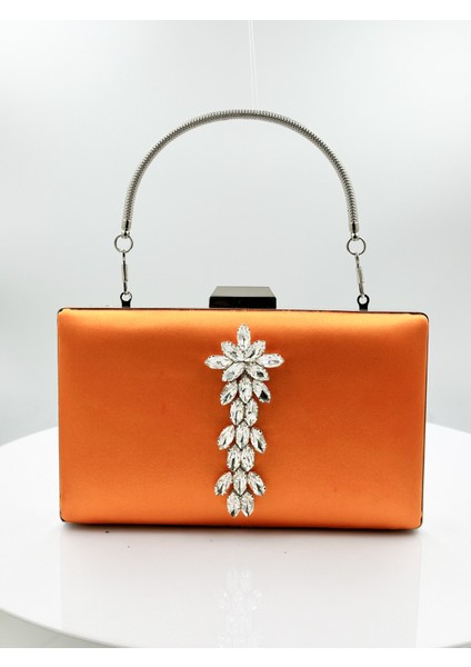 Turuncu Renk Saten Gümüş Kasalı Gümüş Taşlı Abiye Çanta Gece Çantası Düğün Nişan Portföy