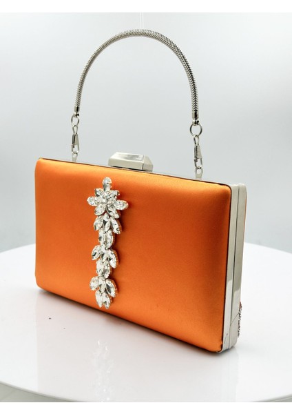 Turuncu Renk Saten Gümüş Kasalı Gümüş Taşlı Abiye Çanta Gece Çantası Düğün Nişan Portföy fiyatları