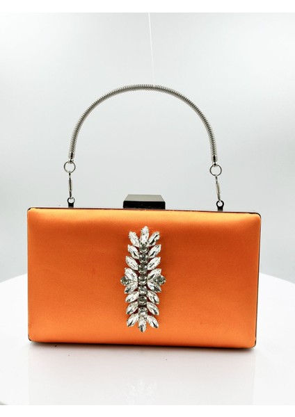 Turuncu Renk Saten Gümüş Kasalı Gümüş Taşlı Abiye Çanta Gece Çantası Düğün Nişan Portföy