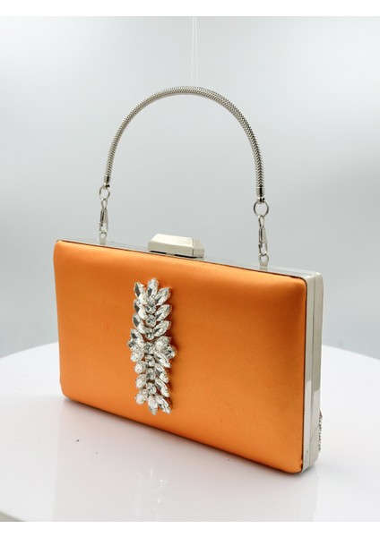 Turuncu Renk Saten Gümüş Kasalı Gümüş Taşlı Abiye Çanta Gece Çantası Düğün Nişan Portföy fiyatları