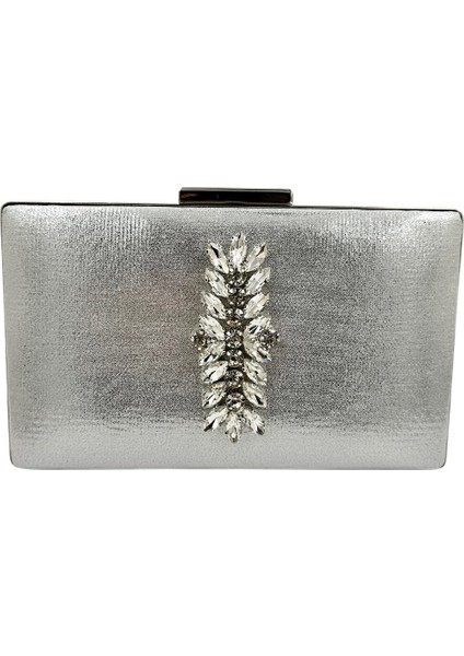 Gümüş Lame Renk Gümüş Kasalı Gümüş Taşlı Abiye Çanta Gece Çantası Düğün Nişan Portföy