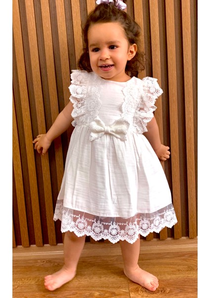 Kız Çocuk Bebek %100 Pamuk Müslin Fiyonklu Dantelli Elbise Günlük Doğumgünü Bayram Elbisesi