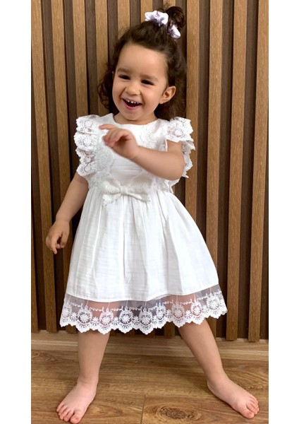 Kız Çocuk Bebek %100 Pamuk Müslin Fiyonklu Dantelli Elbise Günlük Doğumgünü Bayram Elbisesi