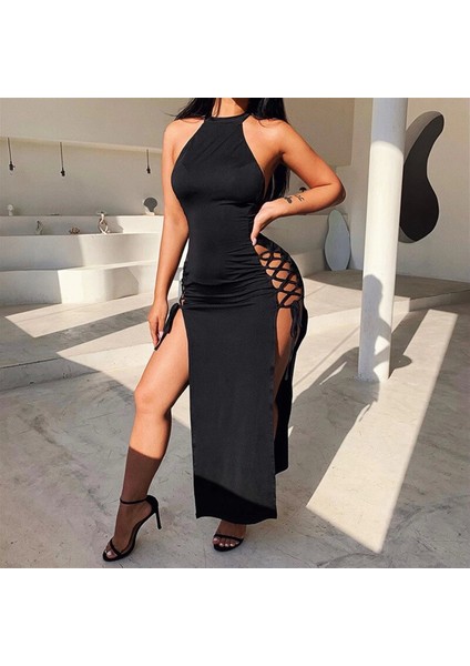Bayan Yandan Bağlı Yırtmaçlı Siyah Elbise