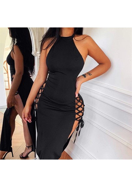 Bayan Yandan Bağlı Yırtmaçlı Siyah Elbise fiyatları