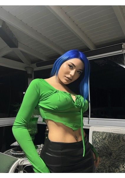Asimetrik Kesim Crop Tül Bluz