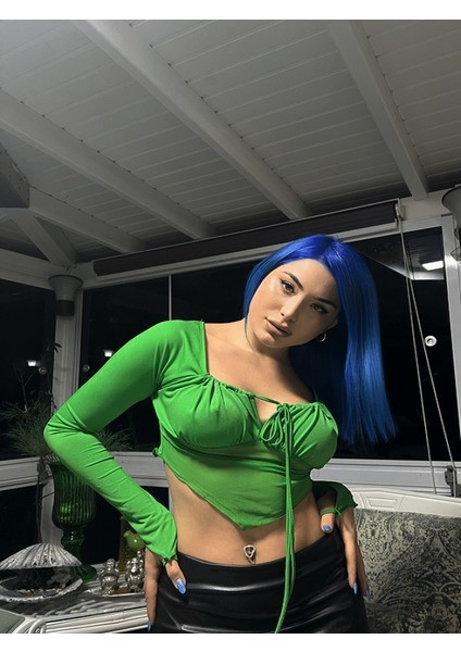 Asimetrik Kesim Crop Tül Bluz