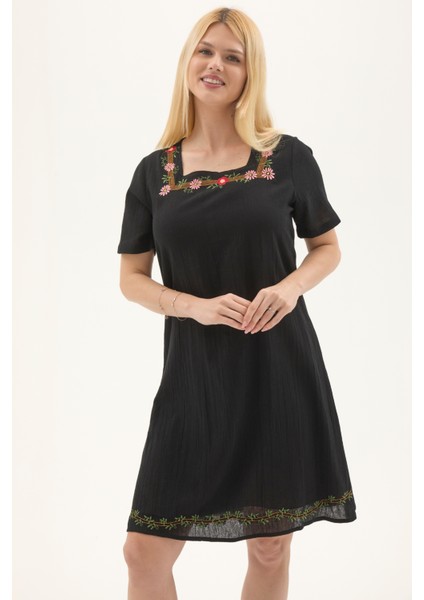 Şile Bezi Siyah Kısa Kol Nakışlı Kare Yaka Ilkbahar Ve Yaz Elbise modelleri