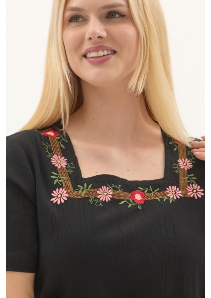 Şile Bezi Siyah Kısa Kol Nakışlı Kare Yaka Ilkbahar Ve Yaz Elbise fırsatları