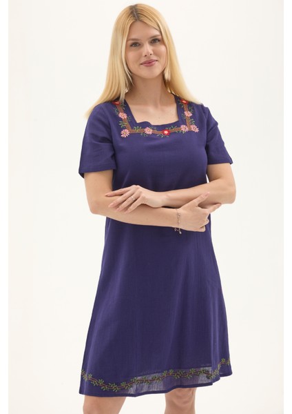 Şile Bezi Mor Kısa Kol Nakışlı Kare Yaka Ilkbahar Ve Yaz Elbise modelleri