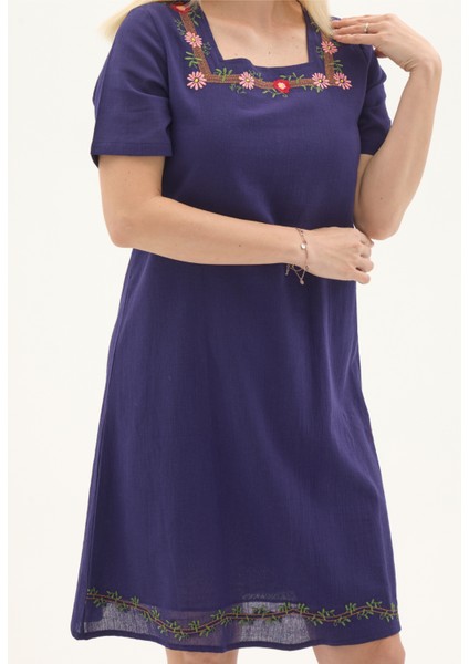 Şile Bezi Mor Kısa Kol Nakışlı Kare Yaka Ilkbahar Ve Yaz Elbise fırsatları