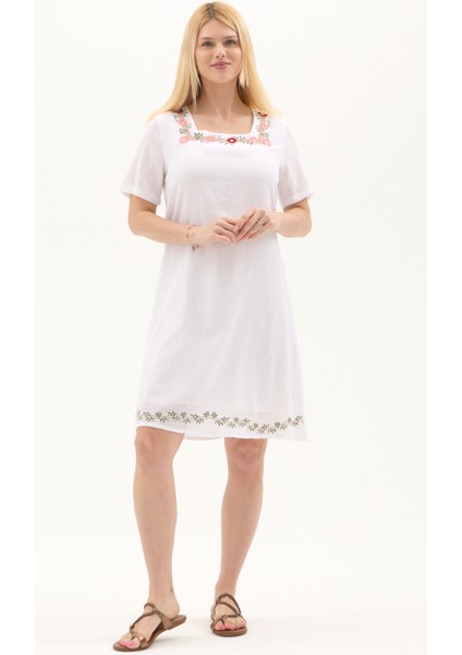 Şile Bezi Beyaz Kısa Kol Nakışlı Kare Yaka Ilkbahar Ve Yaz Elbise modelleri