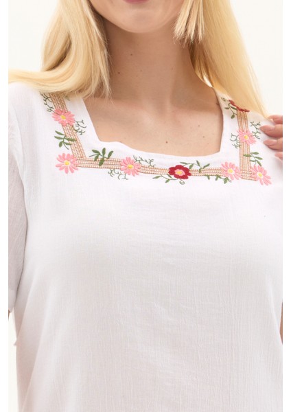 Şile Bezi Beyaz Kısa Kol Nakışlı Kare Yaka Ilkbahar Ve Yaz Elbise fırsatları