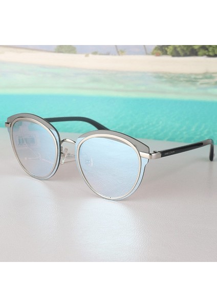 DK4258P-3 Buz Mavi Gümüş Aynalı Yuvarlak Oval Kadın Güneş Gözlüğü
