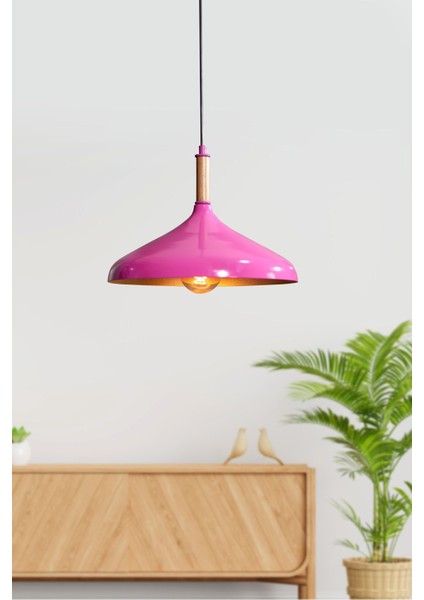 Ufo Tekli Pembe Metal Sarkıt Avize Ahşap Parçalı