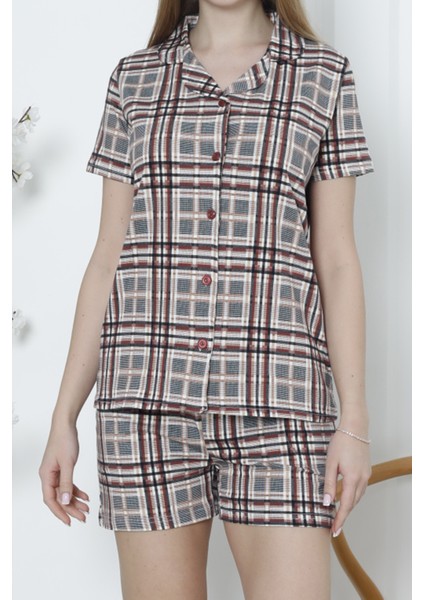 Kadın Düğmeli Şortlu Pijama Takımı Ekoseli Pamuklu Likralı Cepli Mürdüm fiyatları