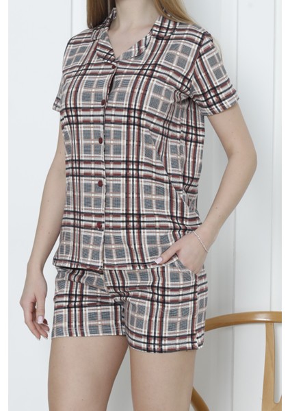 Kadın Düğmeli Şortlu Pijama Takımı Ekoseli Pamuklu Likralı Cepli Mürdüm modelleri