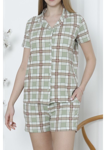 Kadın Düğmeli Şortlu Pijama Takımı Ekoseli Pamuklu Likralı Cepli Çağla Yeşili