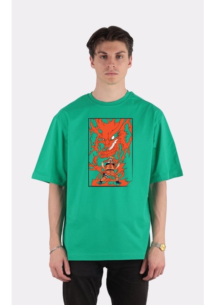 Yeşil Pamuk Bisiklet Yaka Oversize T-Shirt Zoro Samurai Wano Kuni Arc