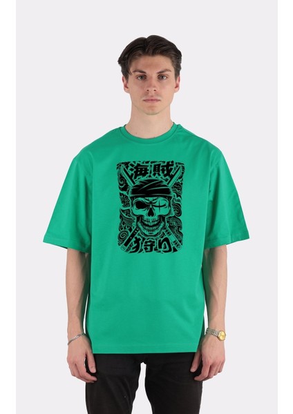 Yeşil Pamuk Bisiklet Yaka Oversize T-Shirt Zoro Samurai Wano Kuni Arc