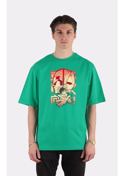 Yeşil Pamuk Bisiklet Yaka Oversize T-Shirt Zoro Samurai Wano Kuni Arc