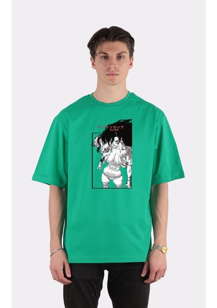 Yeşil Pamuk Bisiklet Yaka Oversize T-Shirt Zoro Samurai Wano Kuni Arc