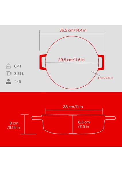 Döküm Çok Amaçlı Yayvan Tencere (Ø)28 Cm. Iç Krem, Kırmızı
