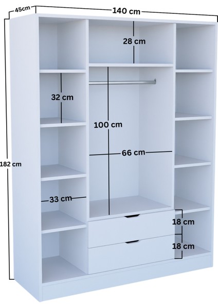 Mat Beyaz 4 Kapılı 2 Çekmeceli Elbise Dolabı - Gardırop