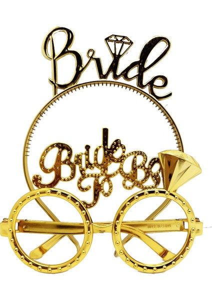 Bride Yazılı Taç ve Bride To Be Yazılı Gözlük Seti Altın Renk