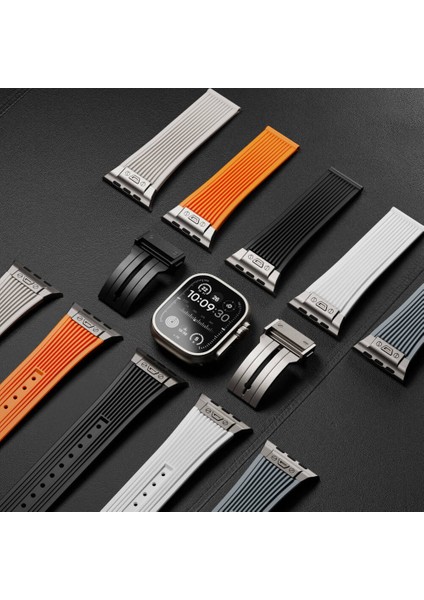 Apple Watch 9 45MM Kordon Çıtçıtlı Derin Çizgili Spor Tasarım KRD113 Turuncu modelleri