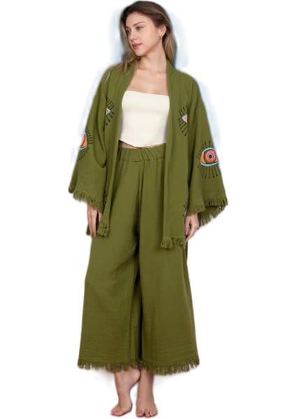 Krizantem / Yeşil Pantolon Ceket Takım -Kimono /Kaftan /Bornoz