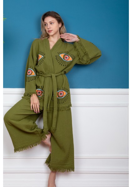 Krizantem / Yeşil Pantolon Ceket Takım -Kimono /Kaftan /Bornoz
