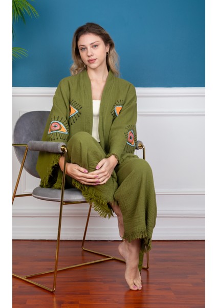 Krizantem / Yeşil Pantolon Ceket Takım -Kimono /Kaftan /Bornoz