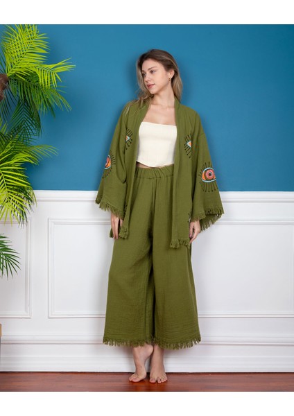 Krizantem / Yeşil Pantolon Ceket Takım -Kimono /Kaftan /Bornoz
